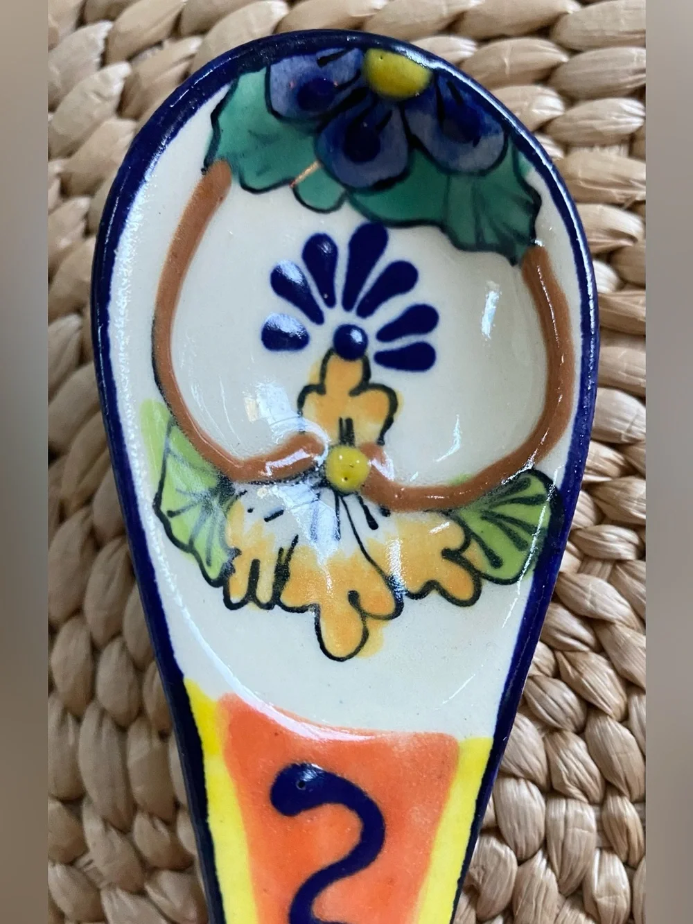 Mexican Talavera Ceramic Condiment Spoon Hand Painted Floral Boho Mexico Q